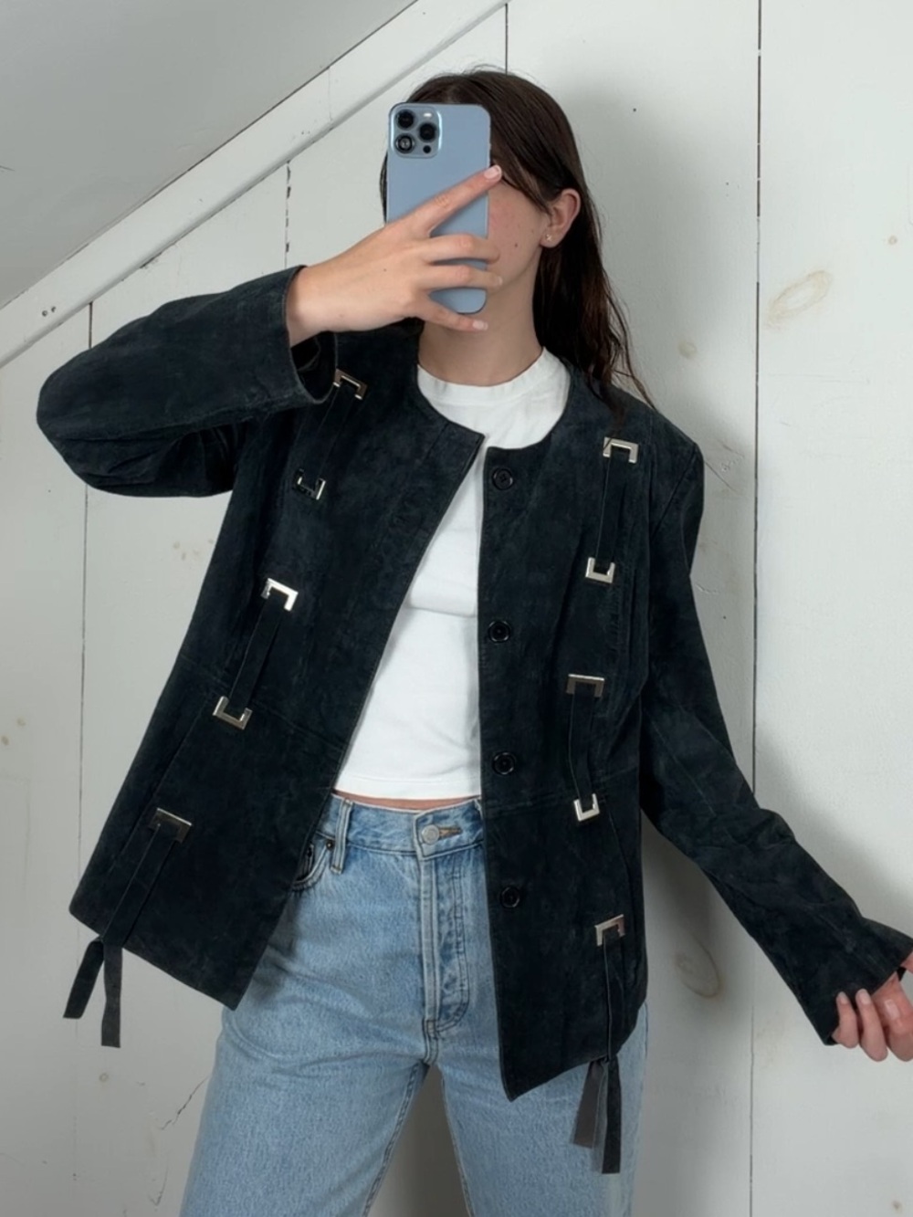 Vintage Terry Lewis Black Suede Leather Collarless Lightweight Jacket Women’s M